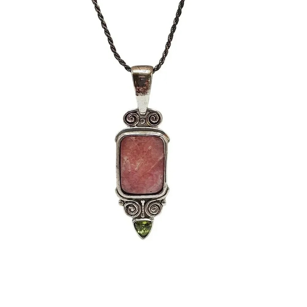Vintage Sterling Silver Necklace Pink Rhodochrosite Green Peridot Gemstones
